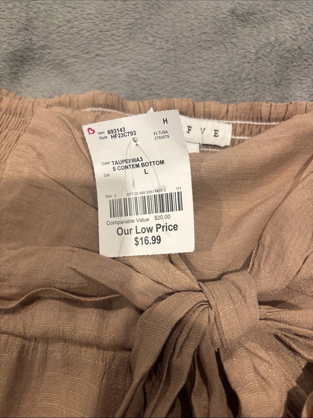 Women's Taupe Tiered Wide Legged Pants with Tie Waist - Picture 6 of 6